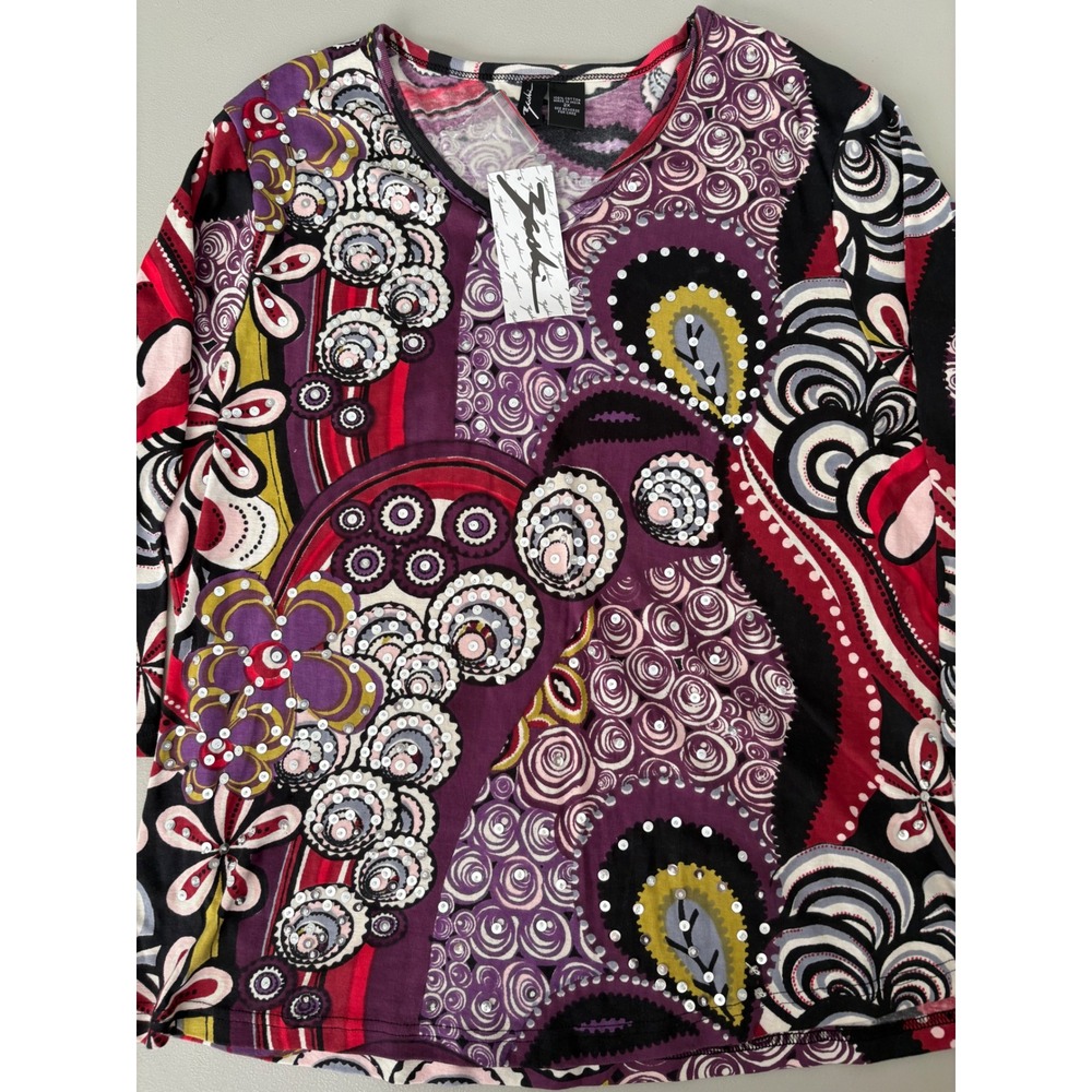 Zuzii Purple‎ Multicolor Embellished Long Sleeve Top Artsy Statement